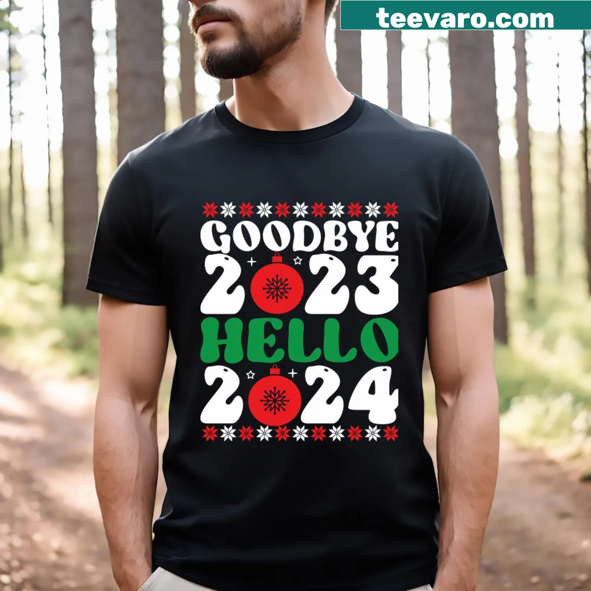 New Year themed t-shirt with Goodbye 2023 Hello 2024 text — on a men's t-shirt
