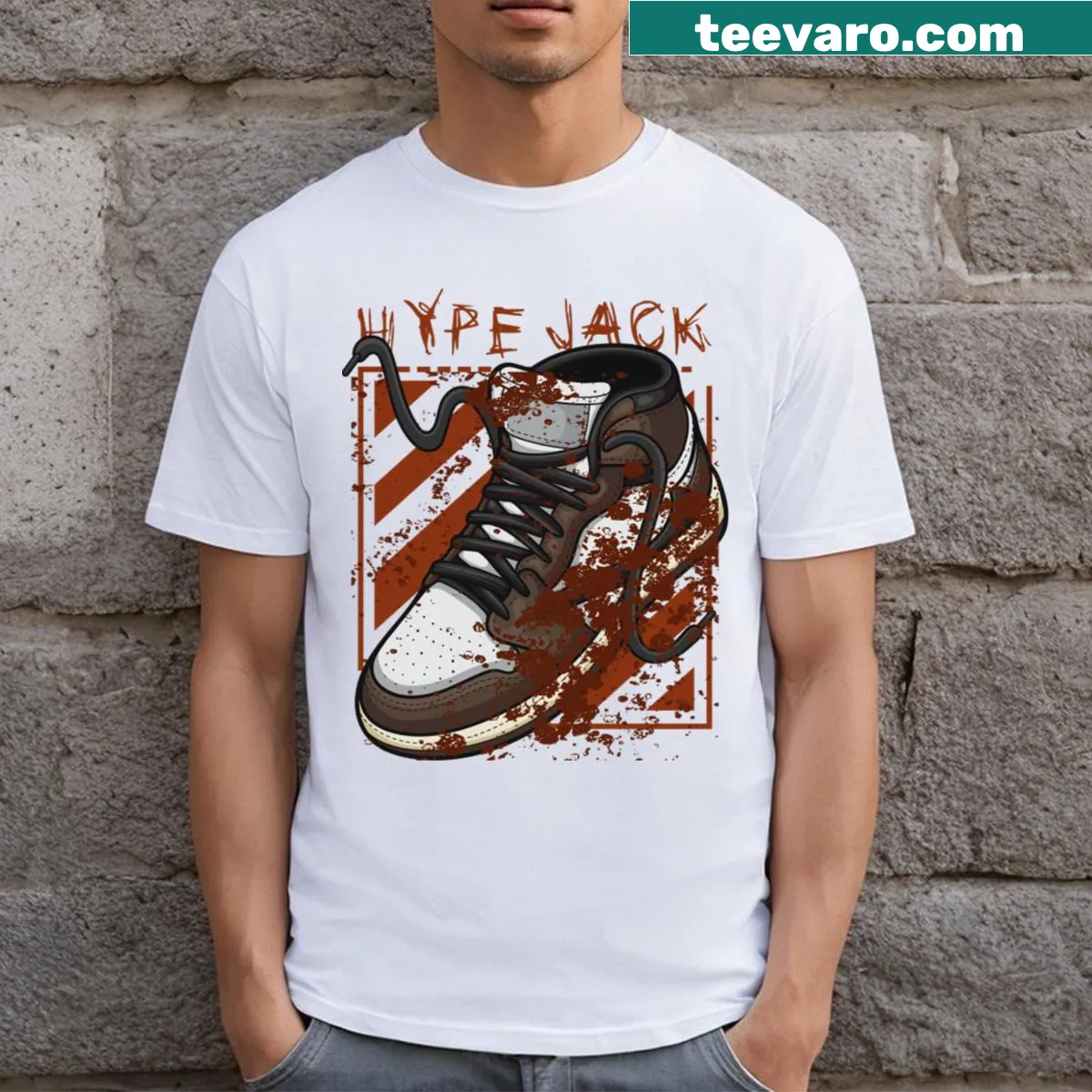 Cartoon Scot surrounded by sneakers on a playful tee — on a men's t-shirt
