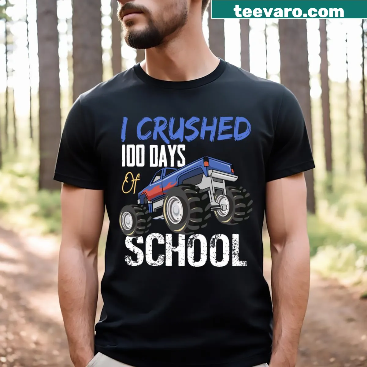 Illustrative T-shirt featuring a monster truck and the phrase 'I Crushed 100 Days Of School' — on a men's t-shirt