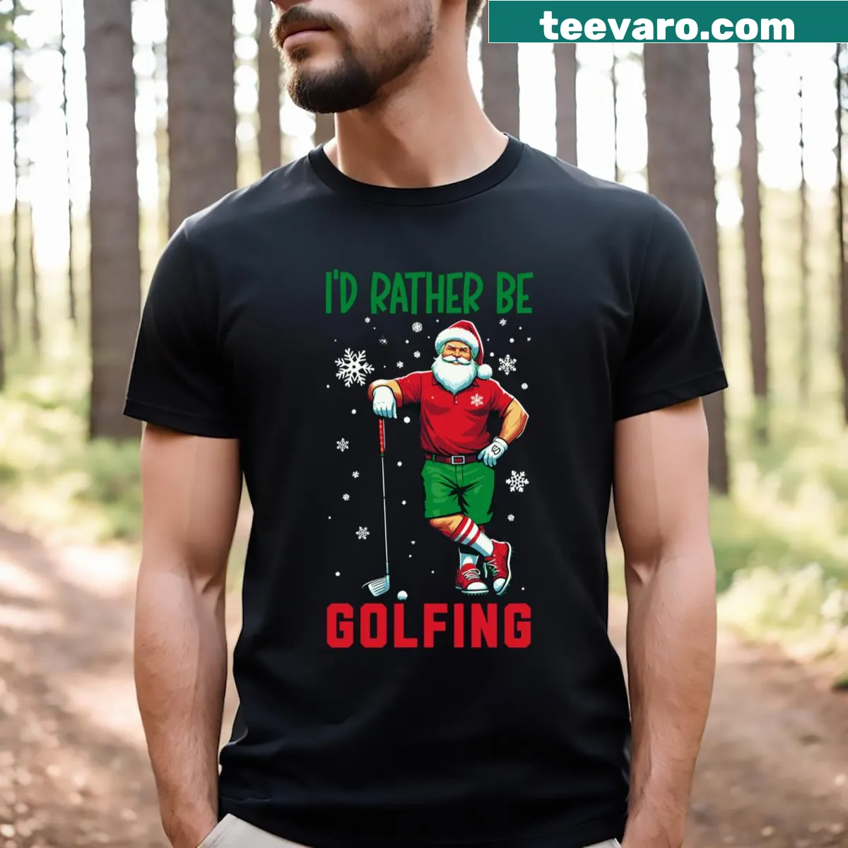 Funny Christmas t-shirt for golfers saying 'I'd Rather Be Golfing' — on a men's t-shirt
