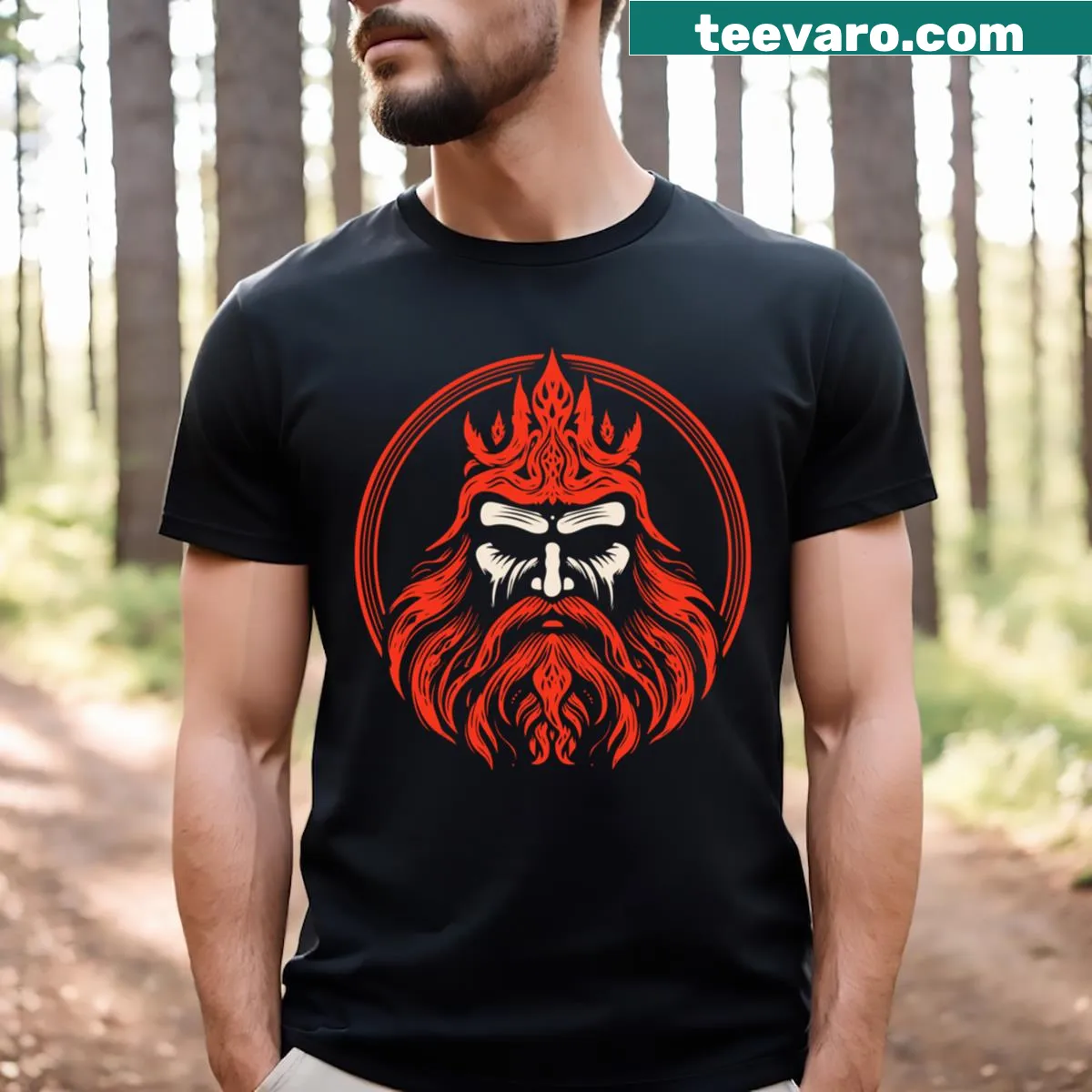 Illustration of a deity with a flame beard on a T-shirt — on a men's t-shirt