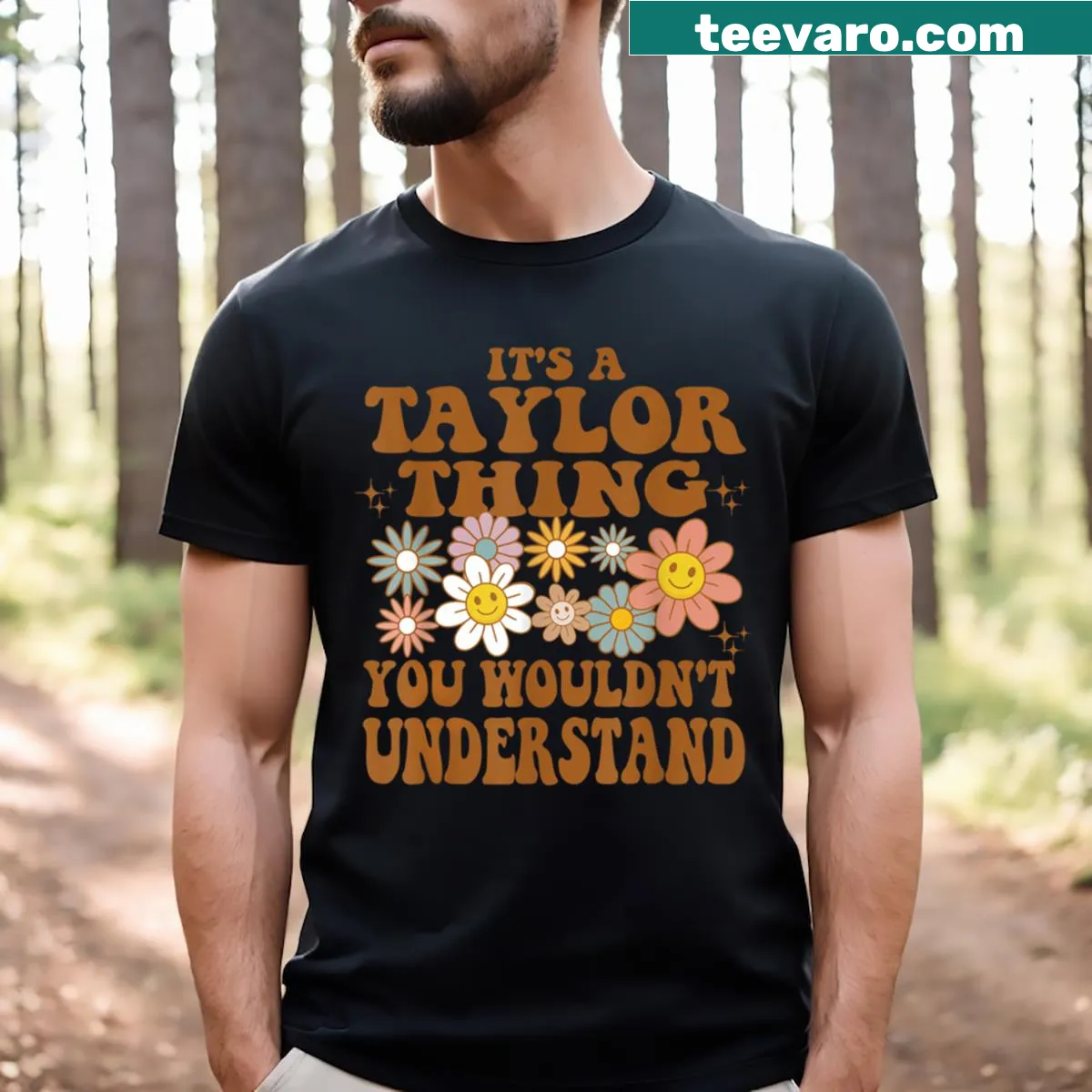 T-shirt featuring retro floral design and Taylor Swift quote — on a men's t-shirt