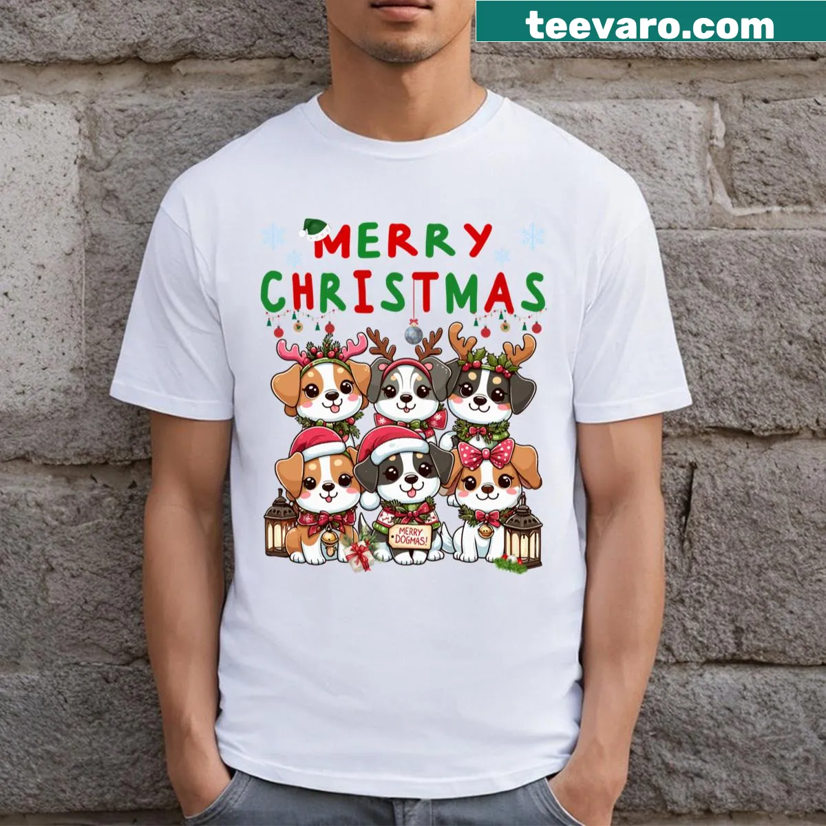 Cute 'Merry Dogmas' T-shirt featuring kawaii dogs in festive settings — on a men's t-shirt