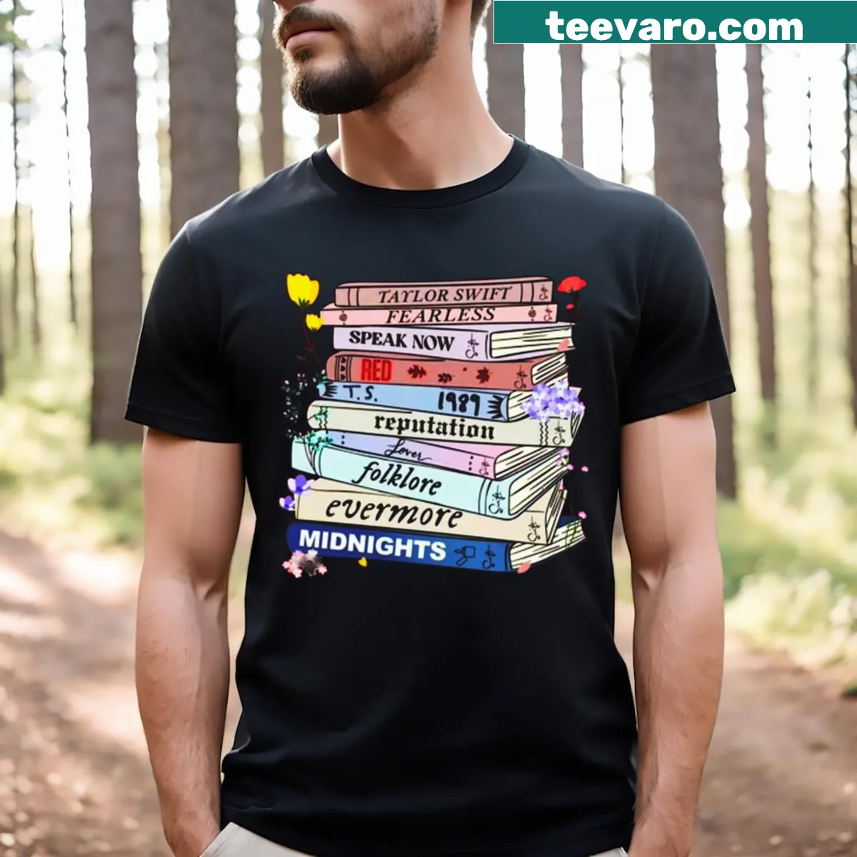 Whimsical music concert tee featuring wildflowers, singer graphics, and humorous text — on a men's t-shirt
