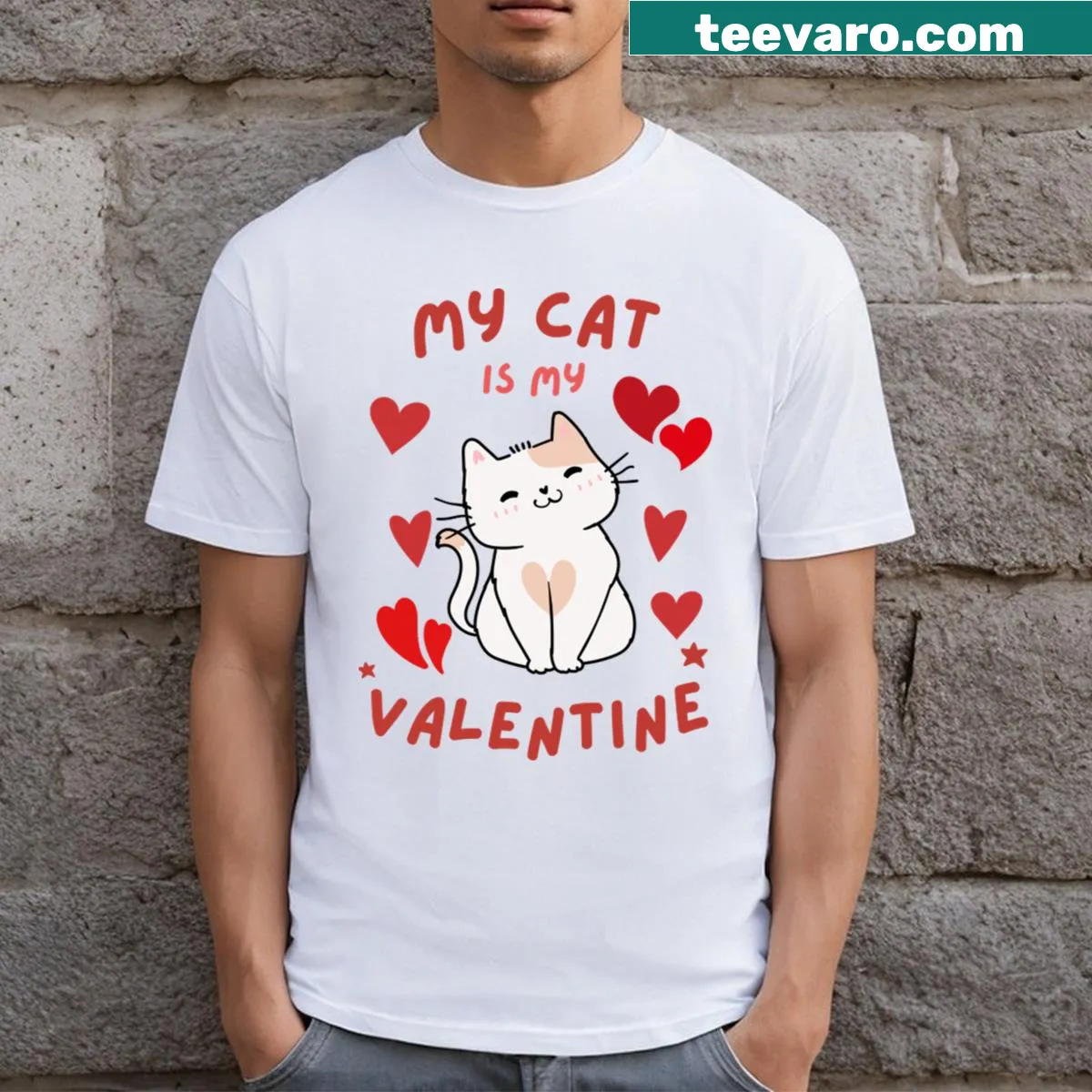 Whimsical t-shirt saying 'My Cat Is My Valentine' — on a men's t-shirt