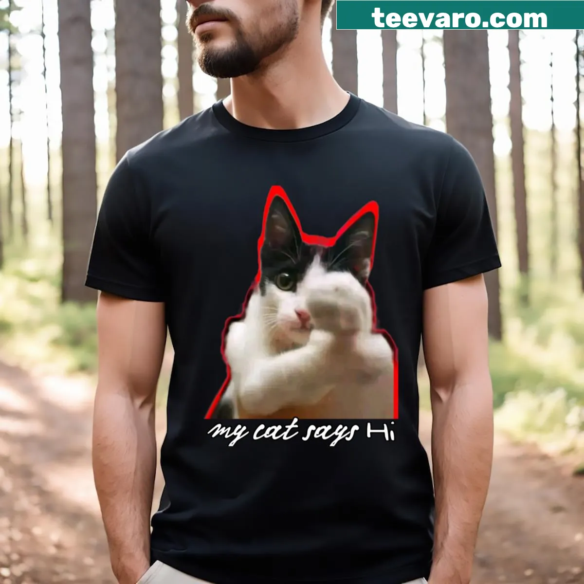 T-shirt with a cute cat graphic and the phrase 'My Cat Says Hi' — on a men's t-shirt