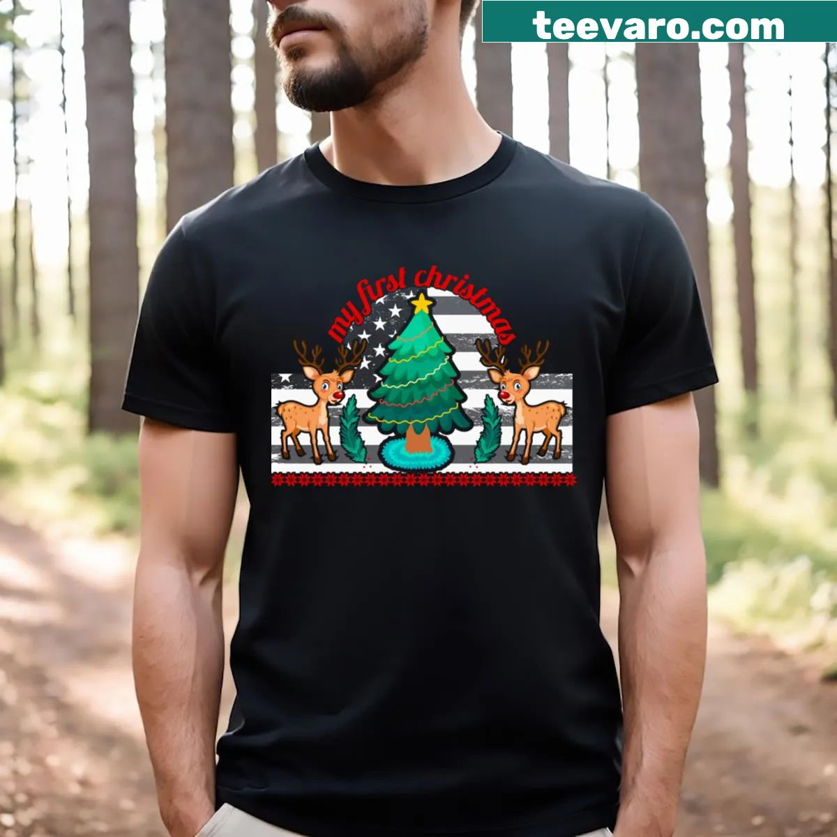 Cute reindeer and flag design for kids' first Christmas t-shirt — on a men's t-shirt