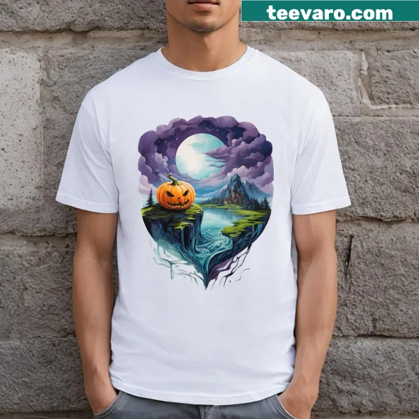 Illustration of a mystical pumpkin cliff castle under moonlight