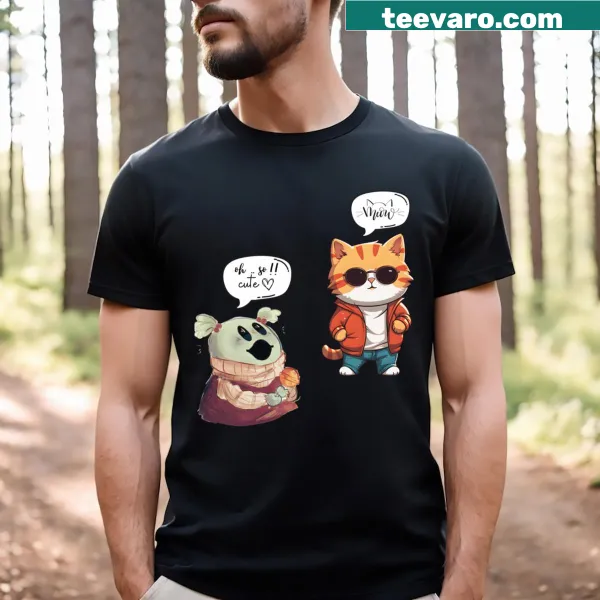 Cartoon character admiring a charming cat illustration