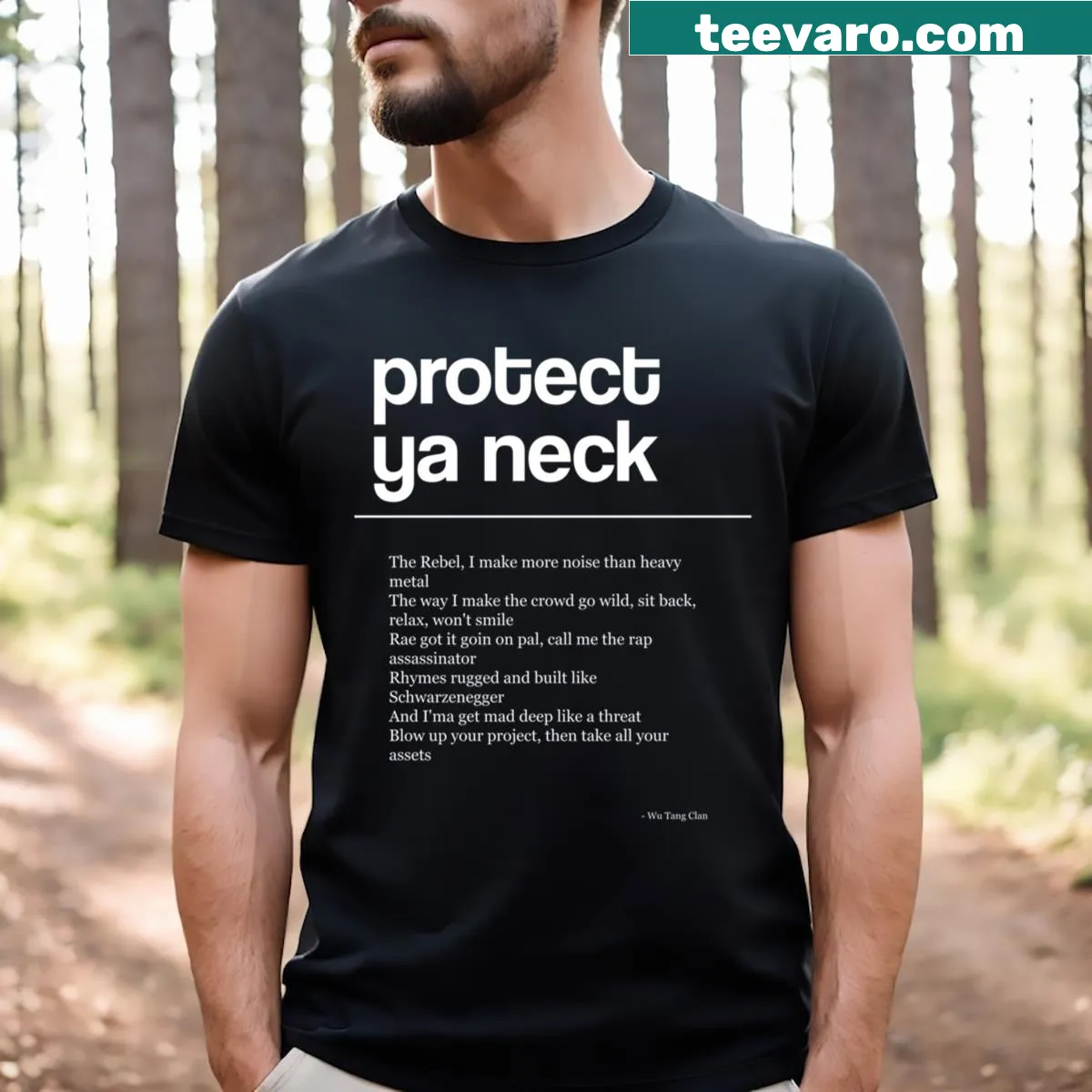 Humorous 'Protect Ya Neck' typography t-shirt — on a men's t-shirt