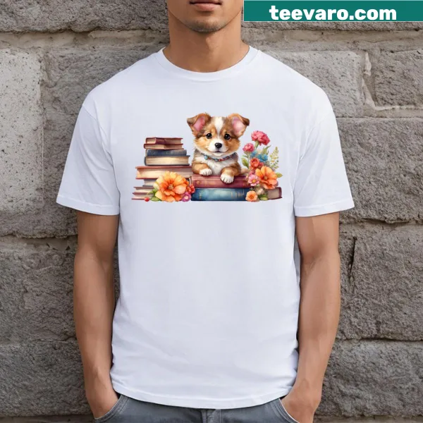 Cute puppy sitting on a stack of colorful books illustration t-shirt