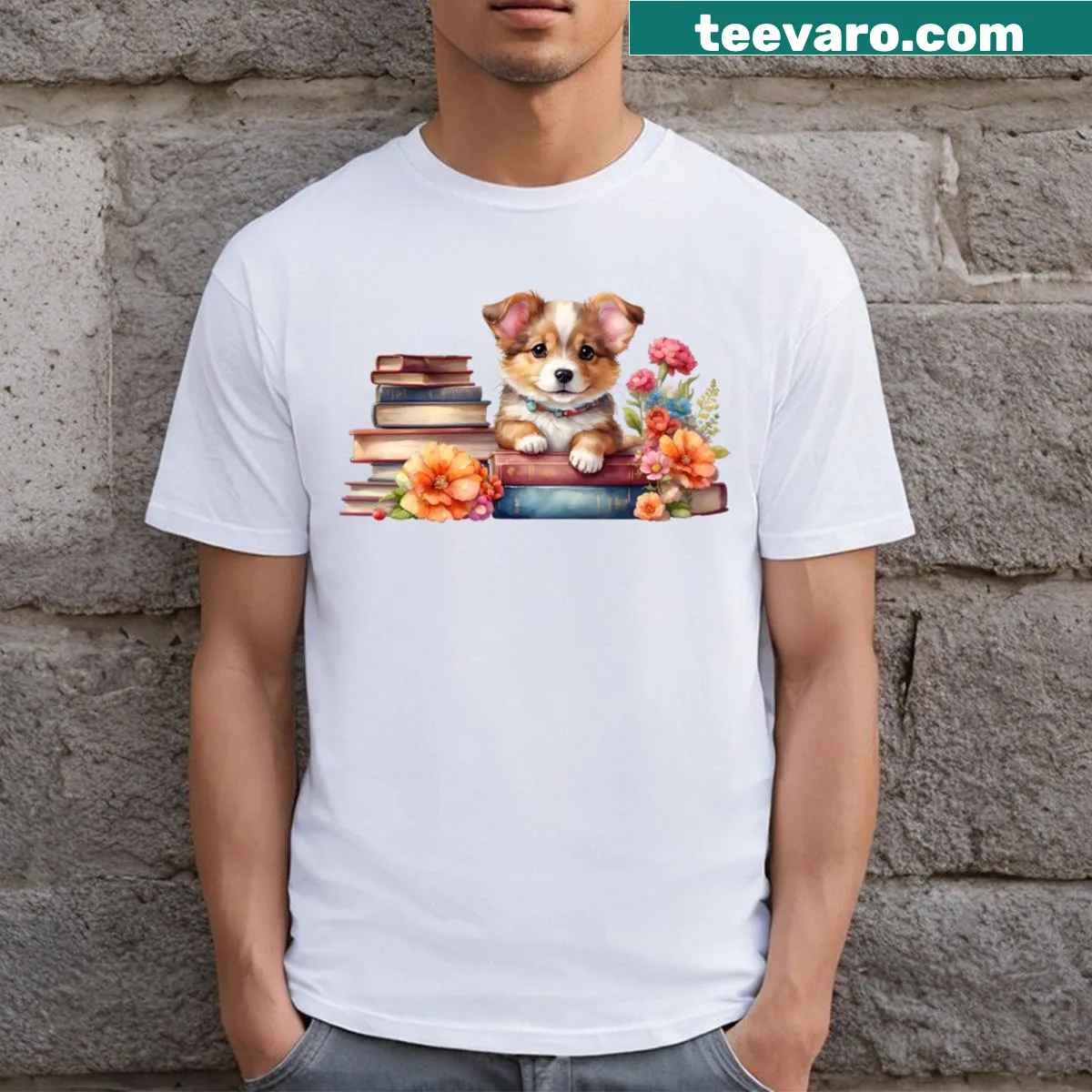 Cute puppy sitting on a stack of colorful books illustration t-shirt — on a men's t-shirt