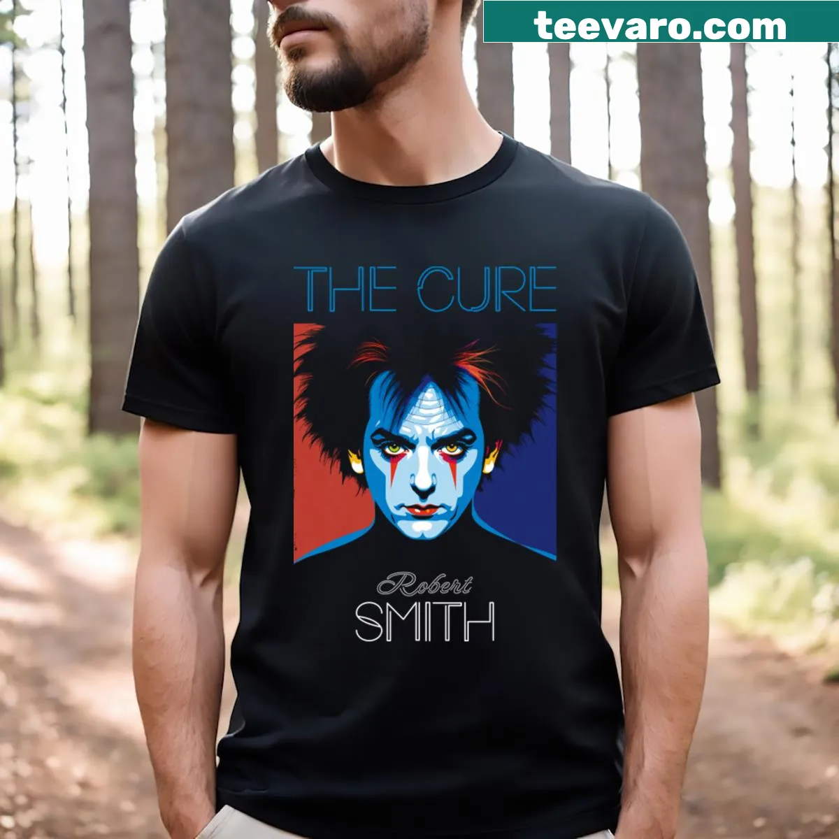 Pop art T-shirt featuring a graphic of Robert Smith from The Cure. — on a men's t-shirt