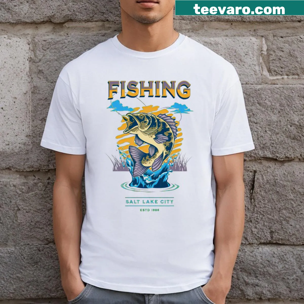 Illustration of fishing scene in Salt Lake City on t-shirt — on a men's t-shirt