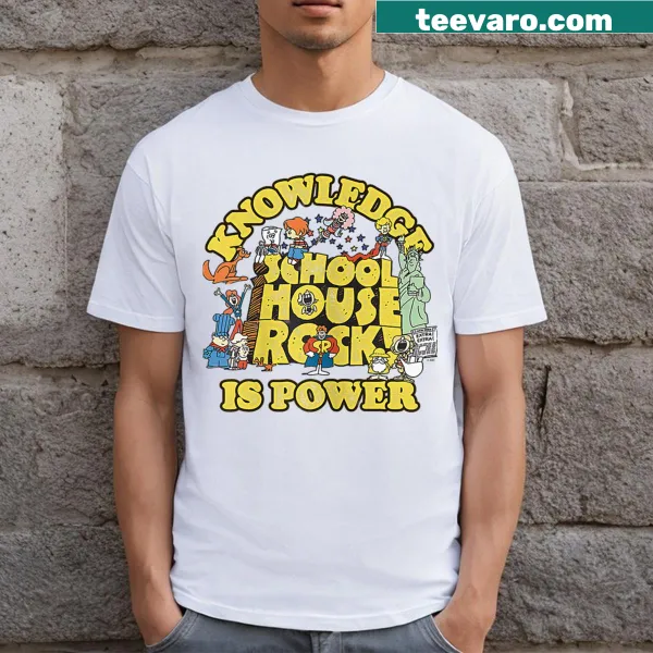 Schoolhouse Rock 'Knowledge Is Power' logo graphic on a T-shirt