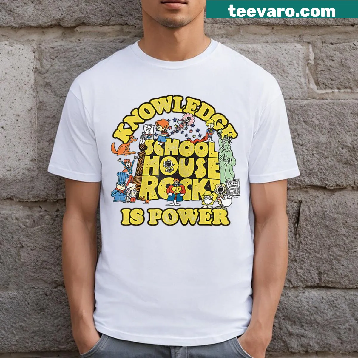 Schoolhouse Rock 'Knowledge Is Power' logo graphic on a T-shirt — on a men's t-shirt
