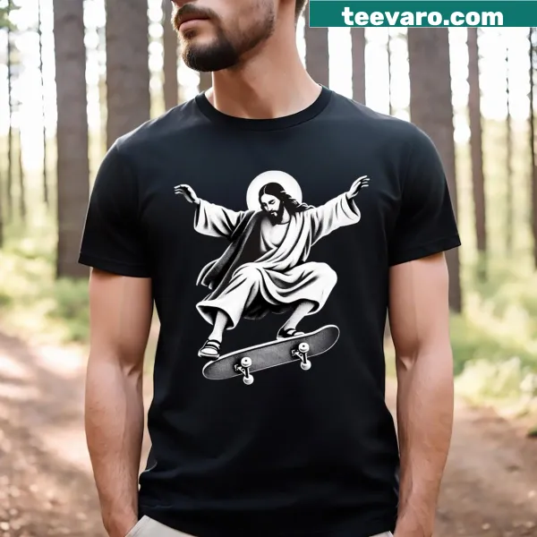 Funny skater Jesus graphic on a t-shirt.