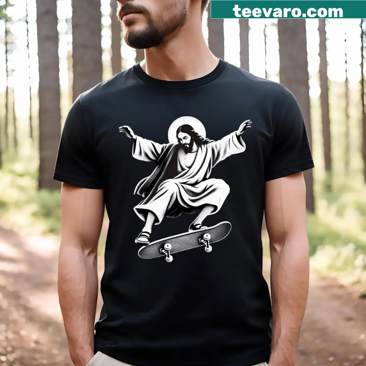 Funny skater Jesus graphic on a t-shirt. — on a men's t-shirt