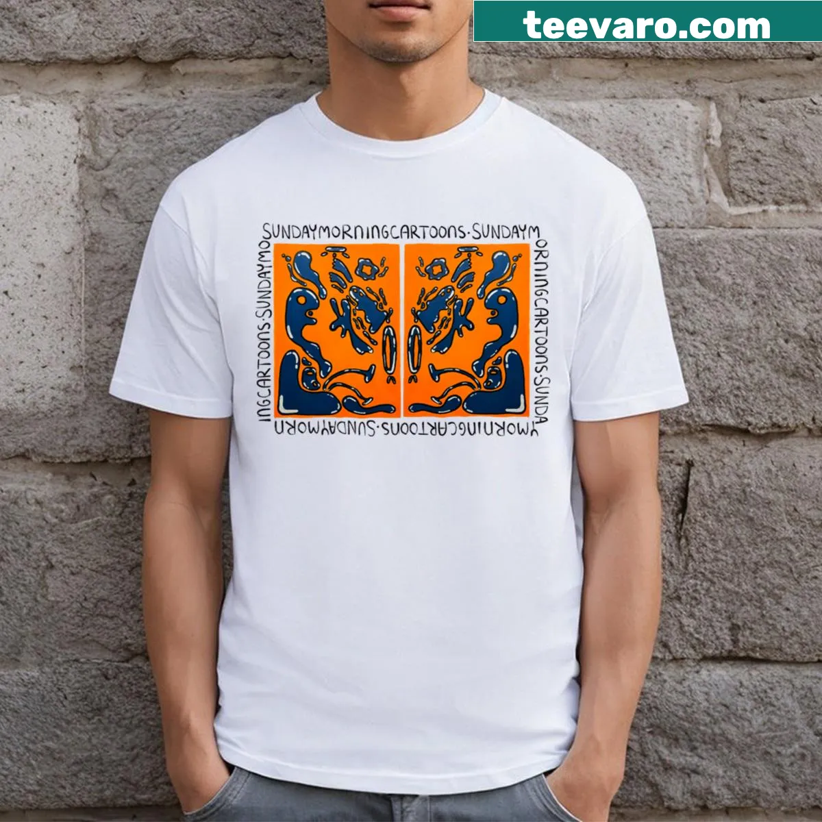 Illustrative Sunday Morning Cartoons T-shirt with nostalgic graphics — on a men's t-shirt