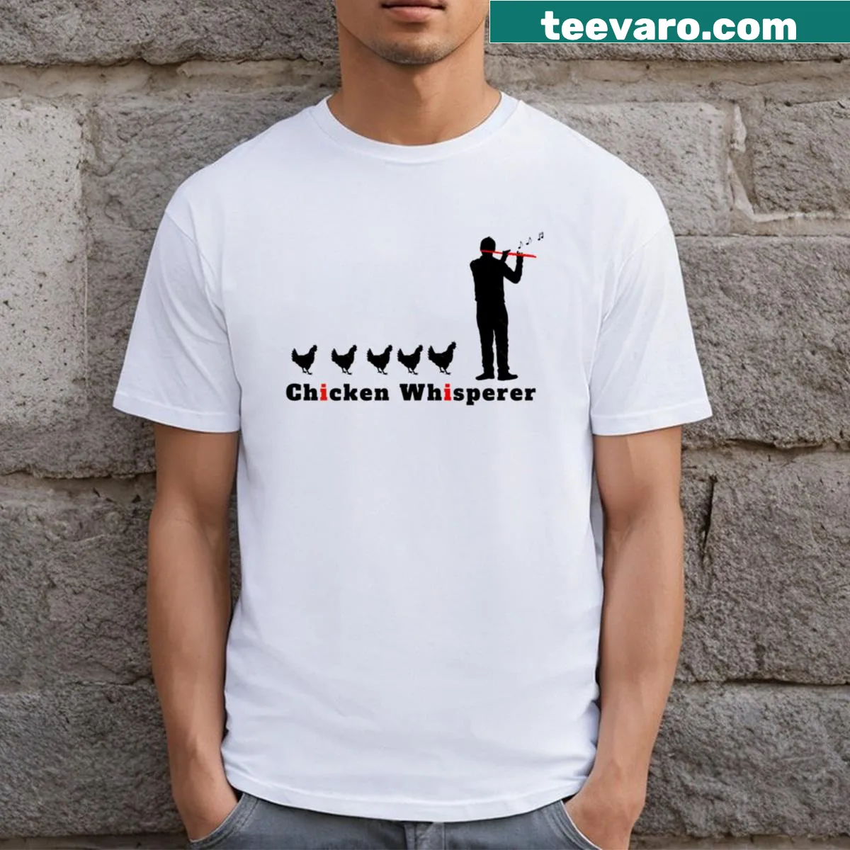 Funny Chicken Whisperer t-shirt with playful farming graphics. — on a men's t-shirt