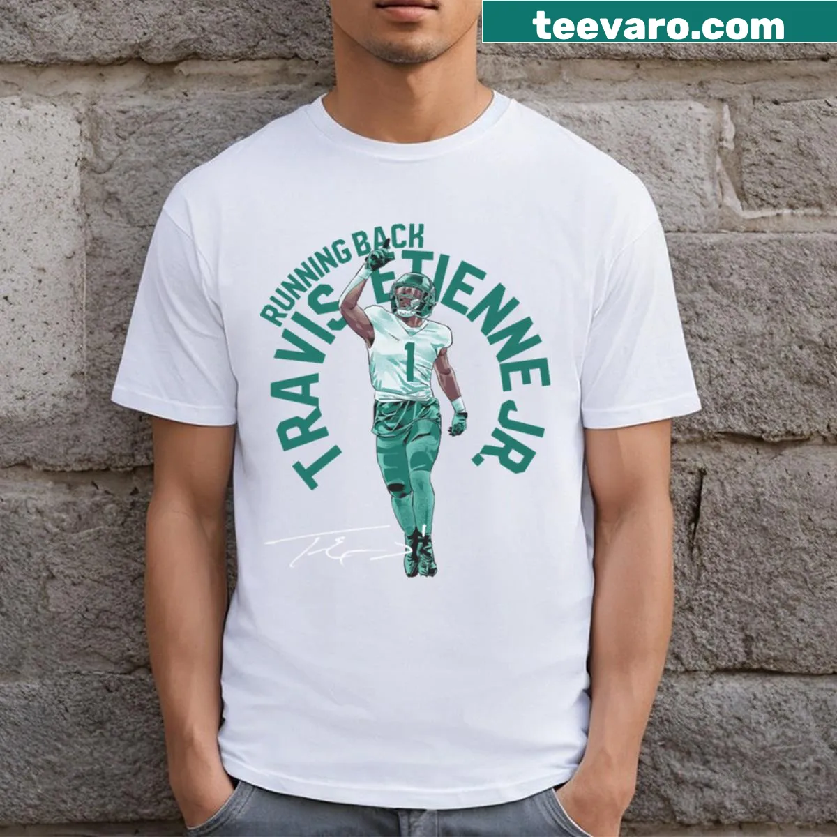 Jacksonville-themed t-shirt featuring Travis Etienne's name in arc design — on a men's t-shirt