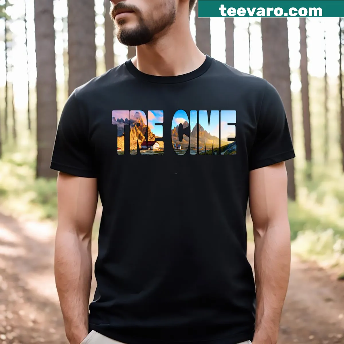 Illustration of Tre Cime Di Lavaredo peaks at sunset on T-shirt — on a men's t-shirt