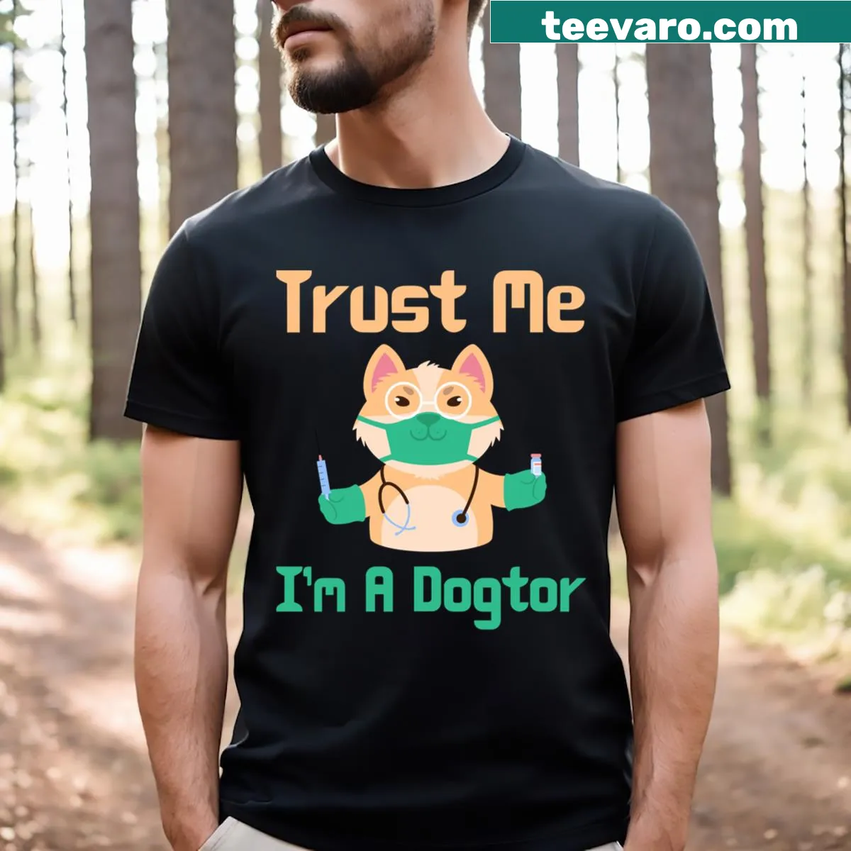 Humorous t-shirt with 'Trust Me I'm A Dogtor' text — on a men's t-shirt