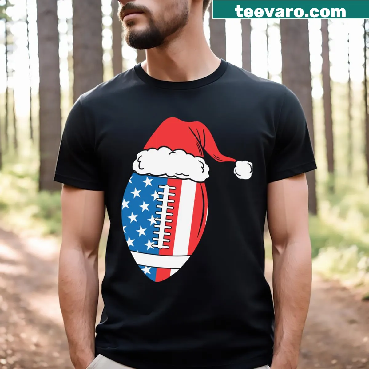 Funny Christmas T-shirt with American football and Santa hat design — on a men's t-shirt