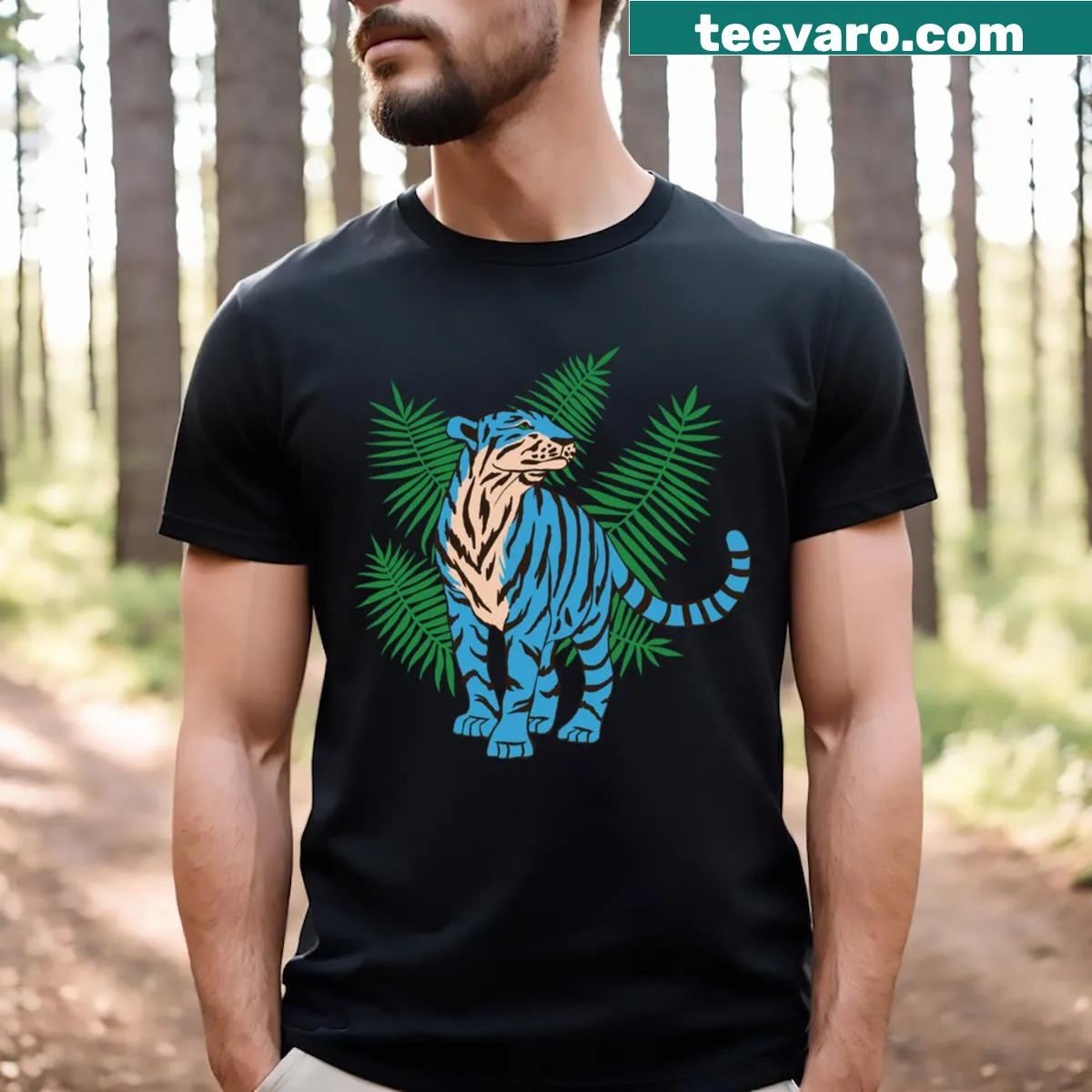 T-shirt featuring a tiger graphic with palm leaves design — on a men's t-shirt