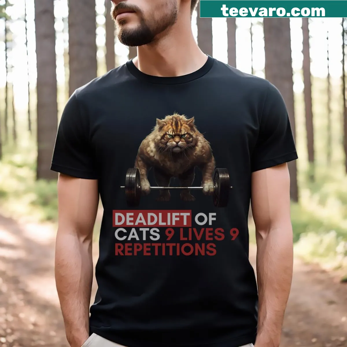 Funny fitness T-shirt featuring a cat lifting weights in a cartoon style — on a men's t-shirt
