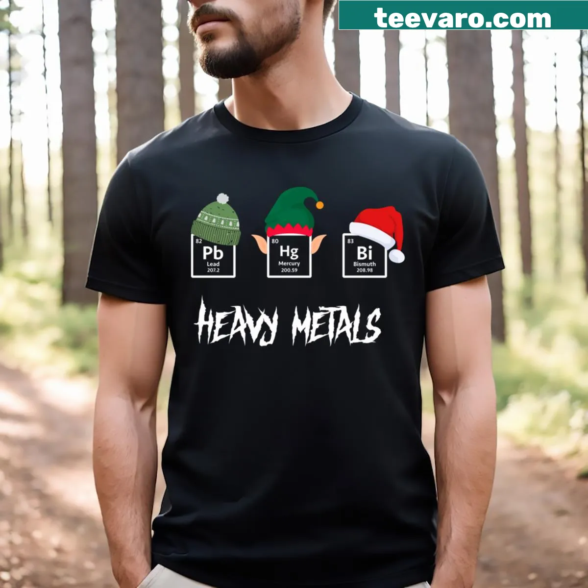Funny chemistry periodic table t-shirt with holiday themes — on a men's t-shirt