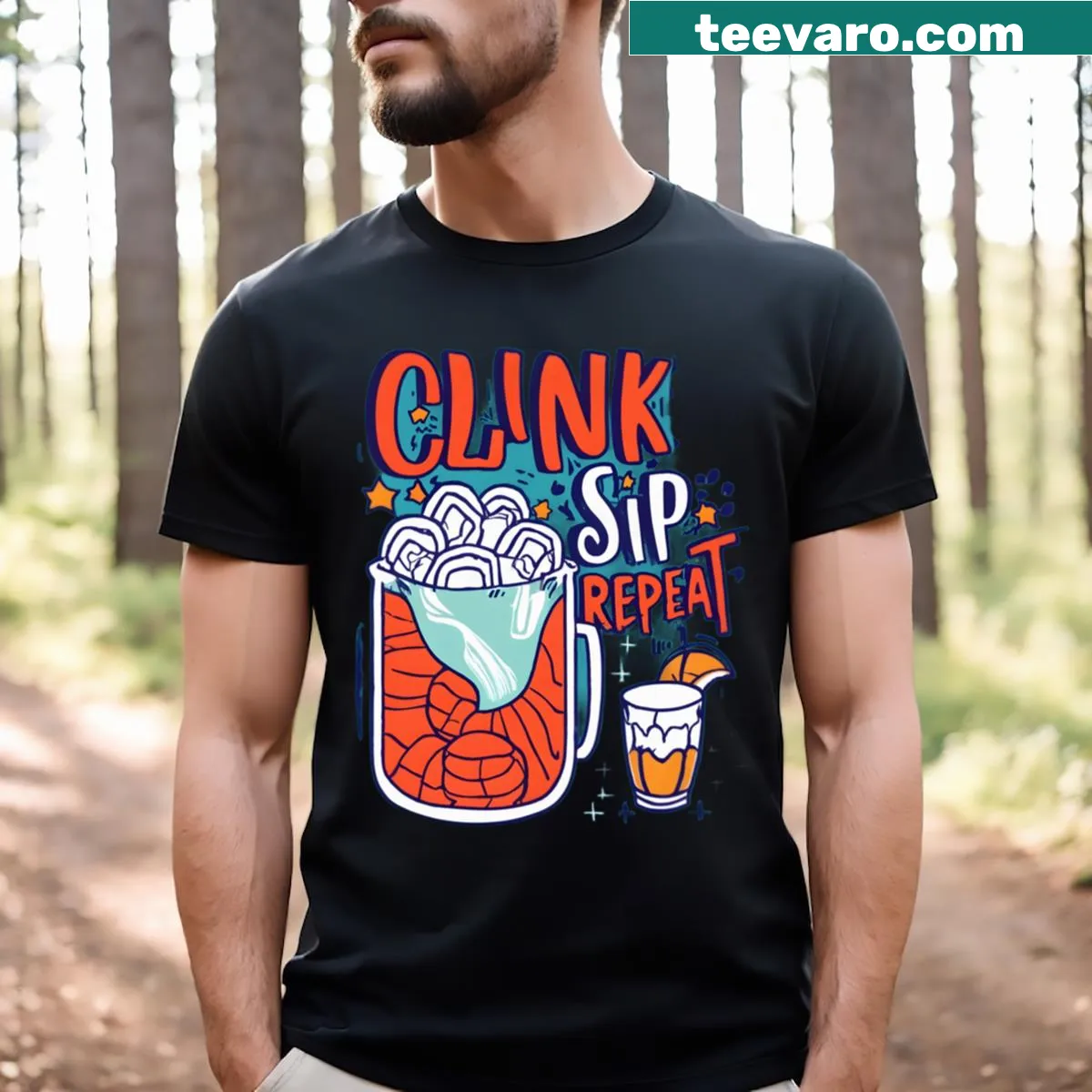 Funny bartender graphic with Clink Sip Repeat text — on a men's t-shirt