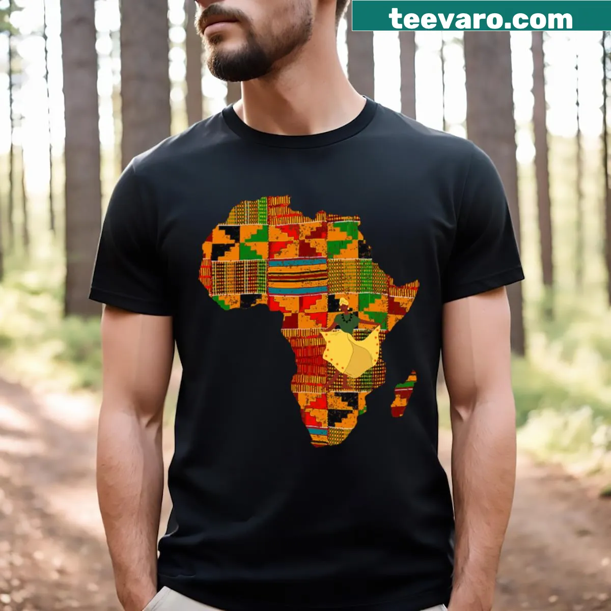 Africa map t-shirt with traditional Kente pattern — on a men's t-shirt