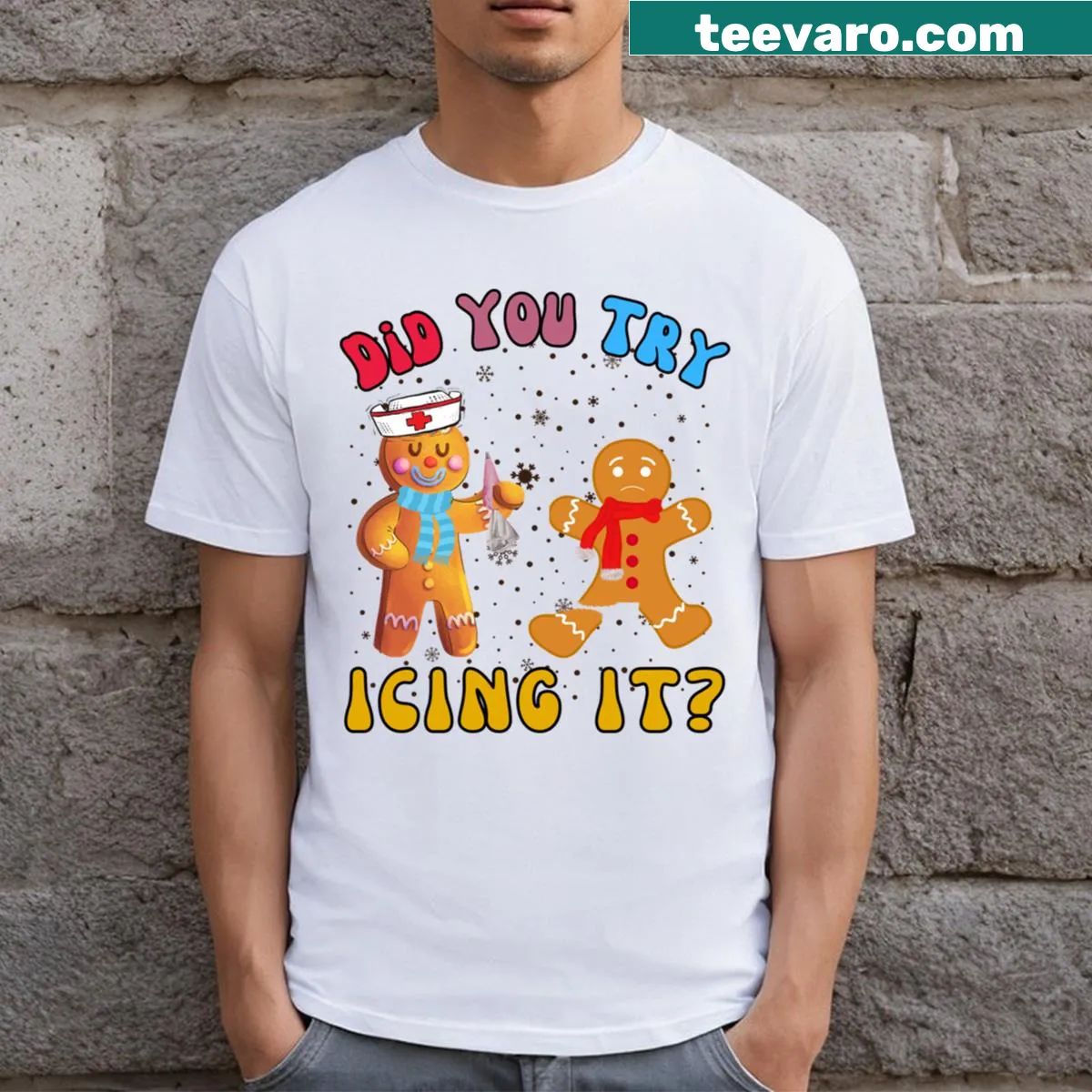 Funny Christmas nurse t-shirt with gingerbread graphic and humorous text — on a men's t-shirt