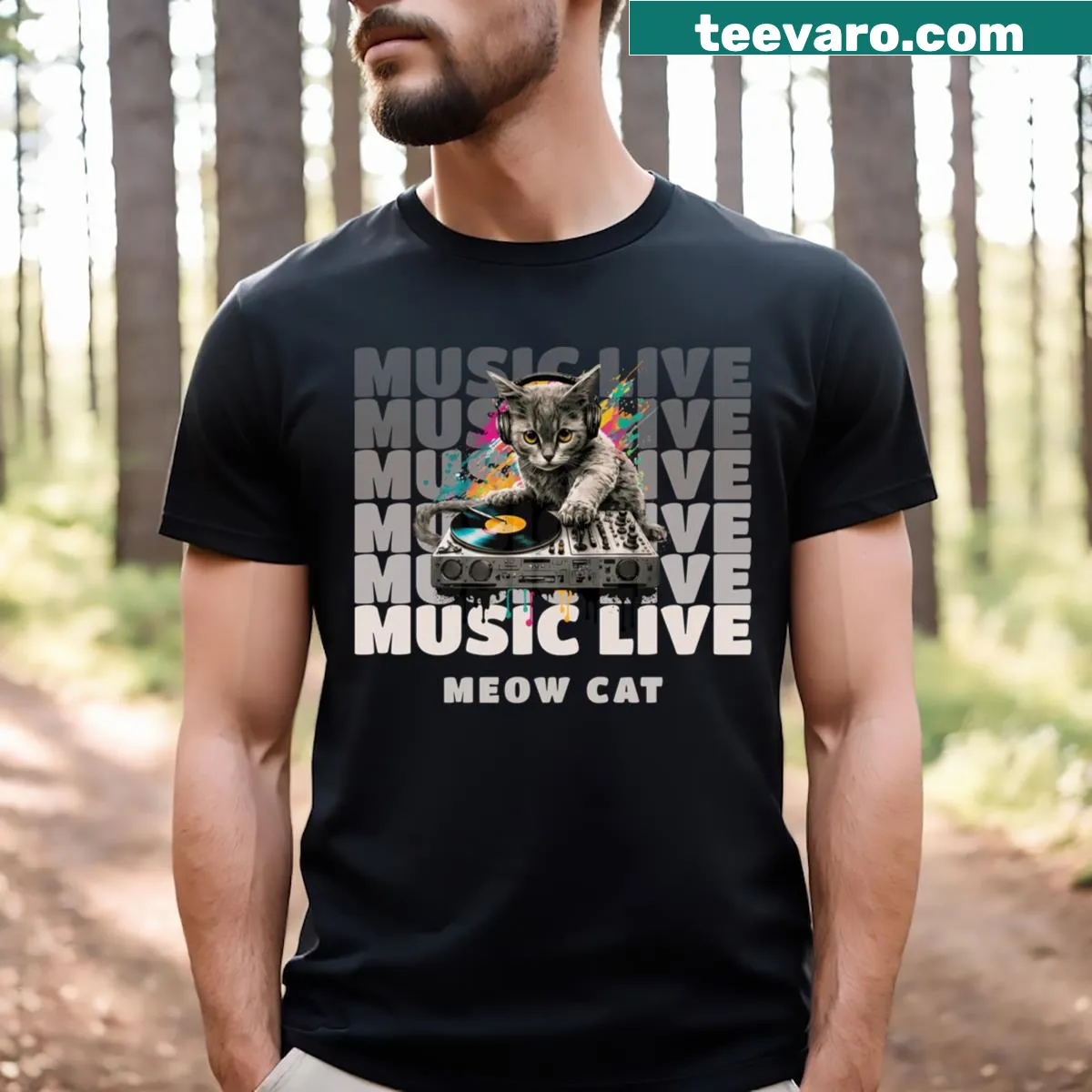 Illustration of a DJ cat on a T-shirt — on a men's t-shirt