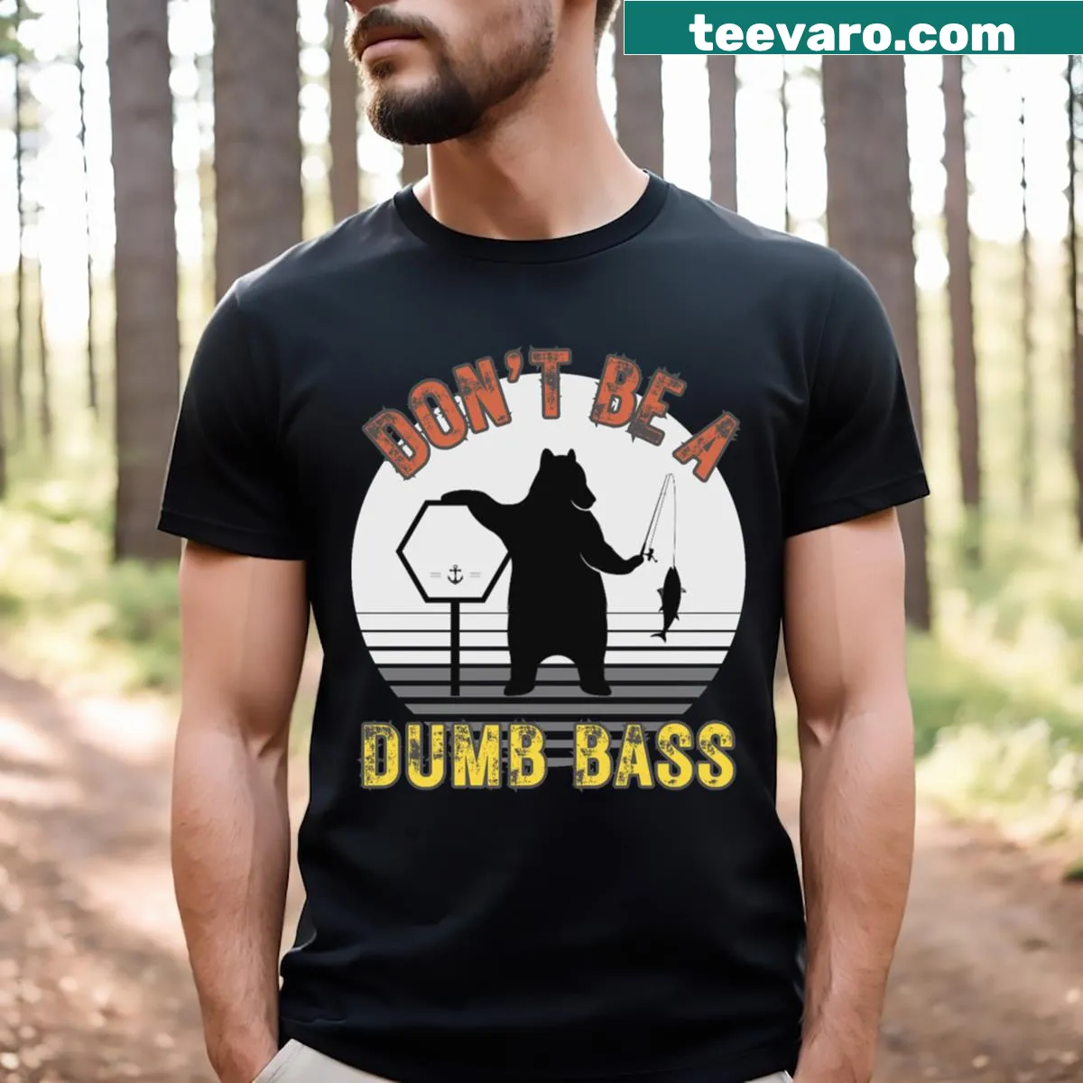 Funny fishing-themed T-shirt with bear graphic and humorous saying — on a men's t-shirt