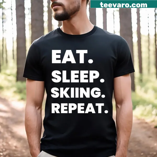 Funny Eat Sleep Skiing Repeat t-shirt in playful typography