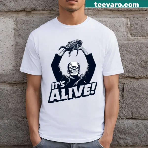 Halloween t-shirt featuring Frankenstein with text 'It's Alive'