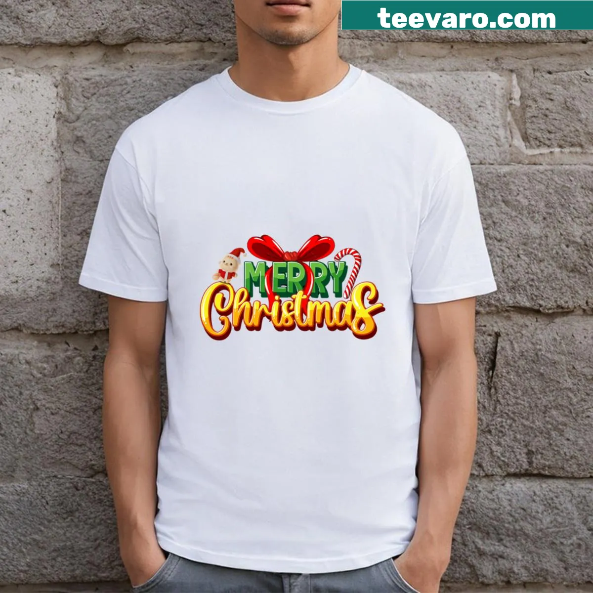 Whimsical cat in Santa hat with Christmas theme text — on a men's t-shirt