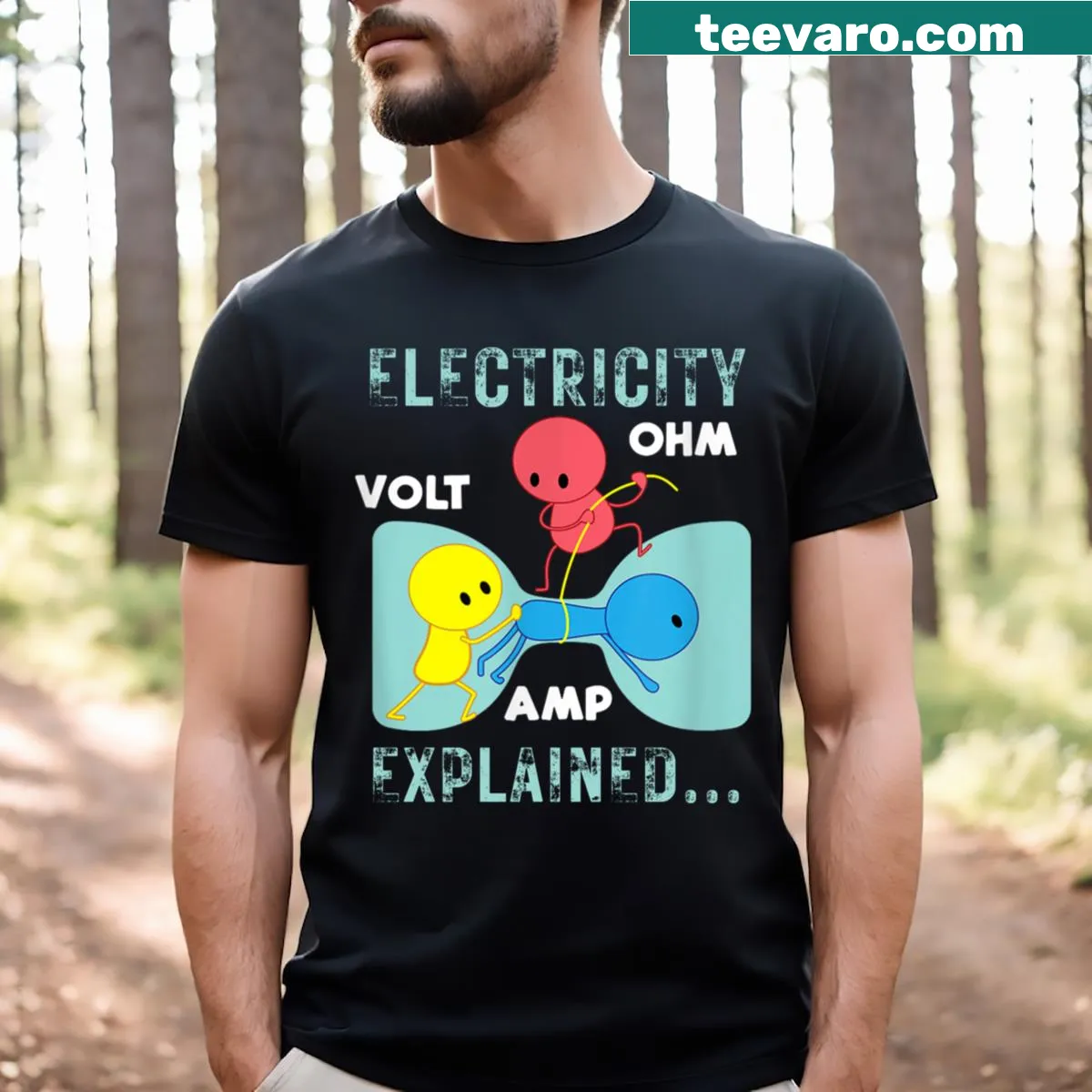 Humorous T-shirt explaining electricity with funny text — on a men's t-shirt