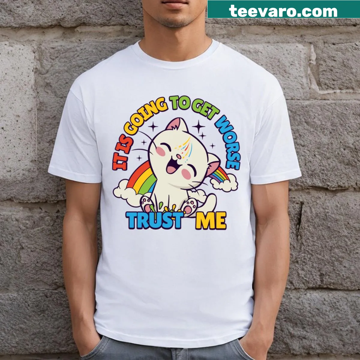 T-shirt featuring a funny and sarcastic cat saying design — on a men's t-shirt