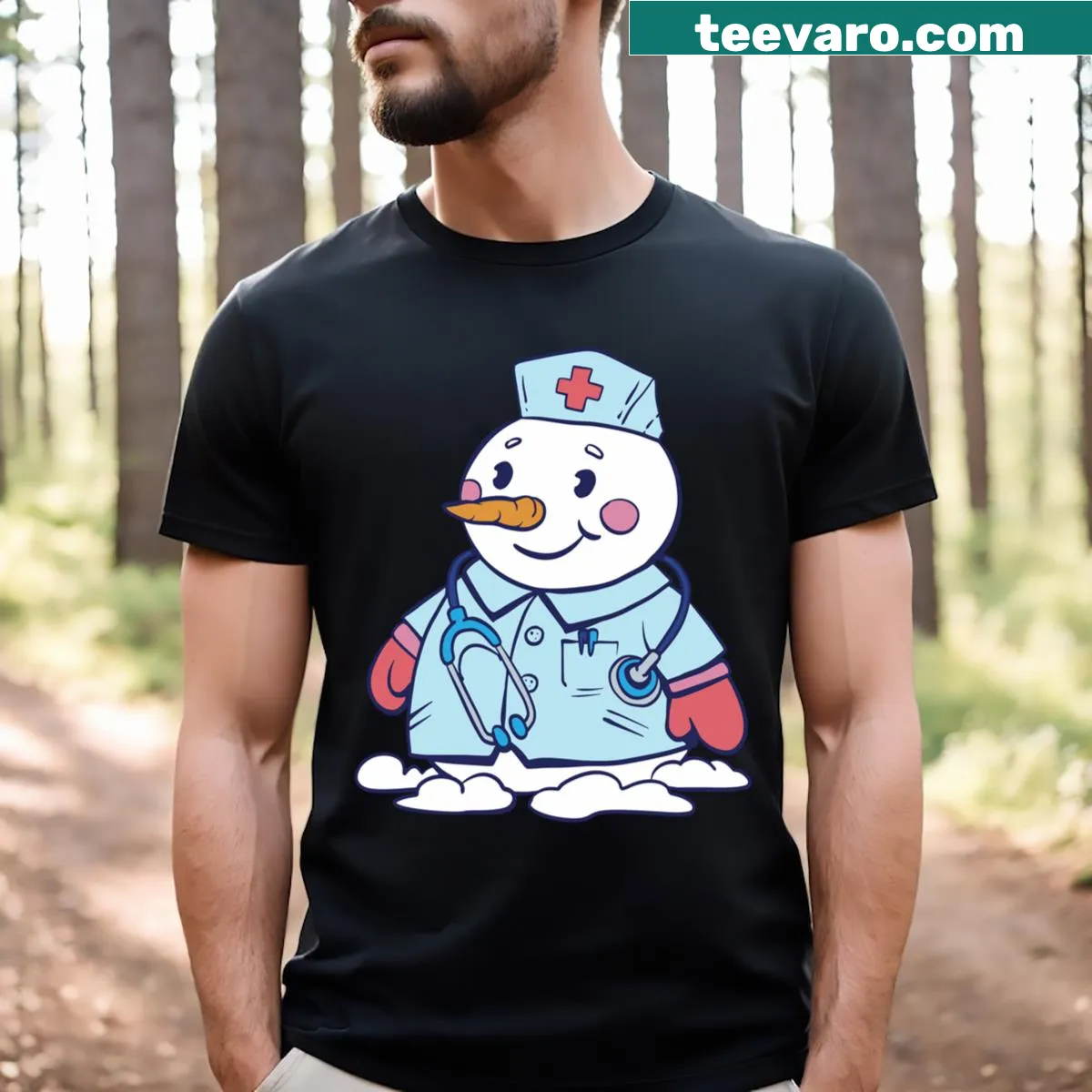 T-shirt featuring a cartoon snowman dressed as a nurse — on a men's t-shirt