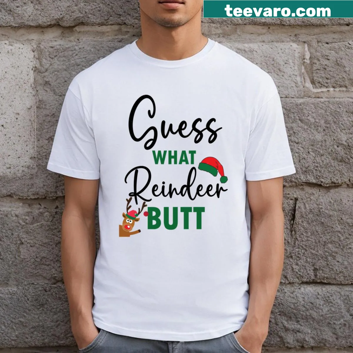 Funny Christmas T-shirt with reindeer butt graphic — on a men's t-shirt