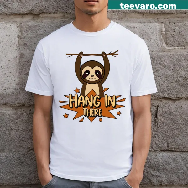 Funny sloth T-shirt with humorous hanging illustration