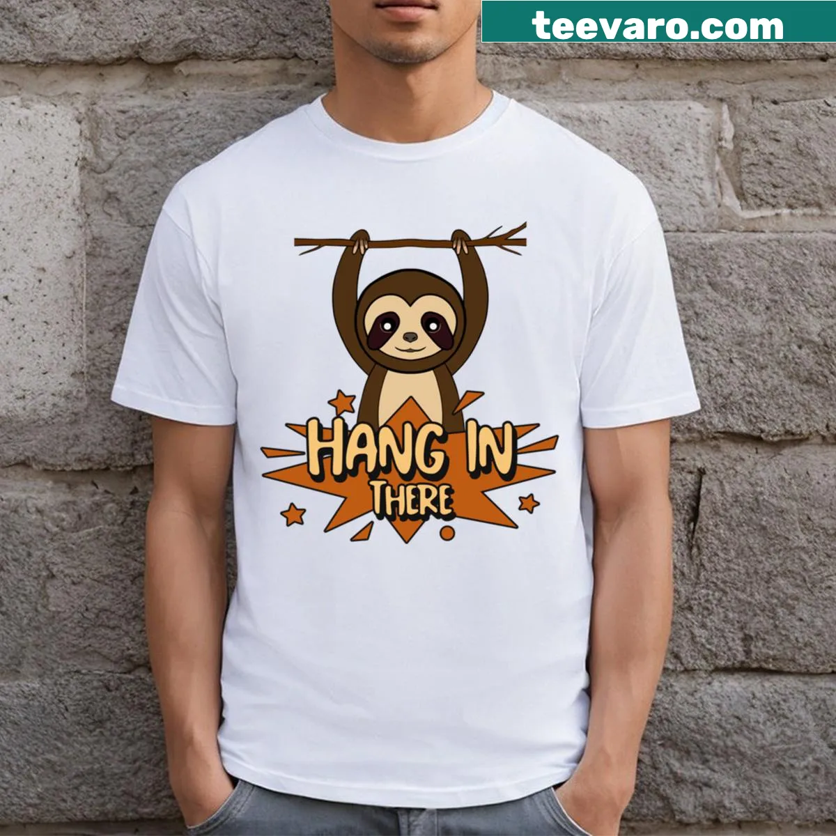 Funny sloth T-shirt with humorous hanging illustration — on a men's t-shirt