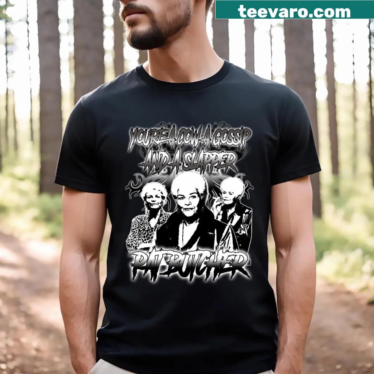 Pat Butcher graphic on a vintage-style heavy metal t-shirt — on a men's t-shirt