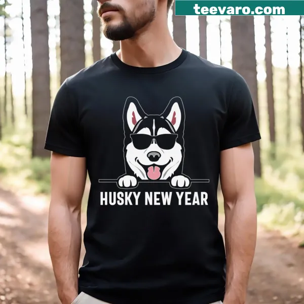 Peeking husky with sunglasses and dog pun graphic for New Year