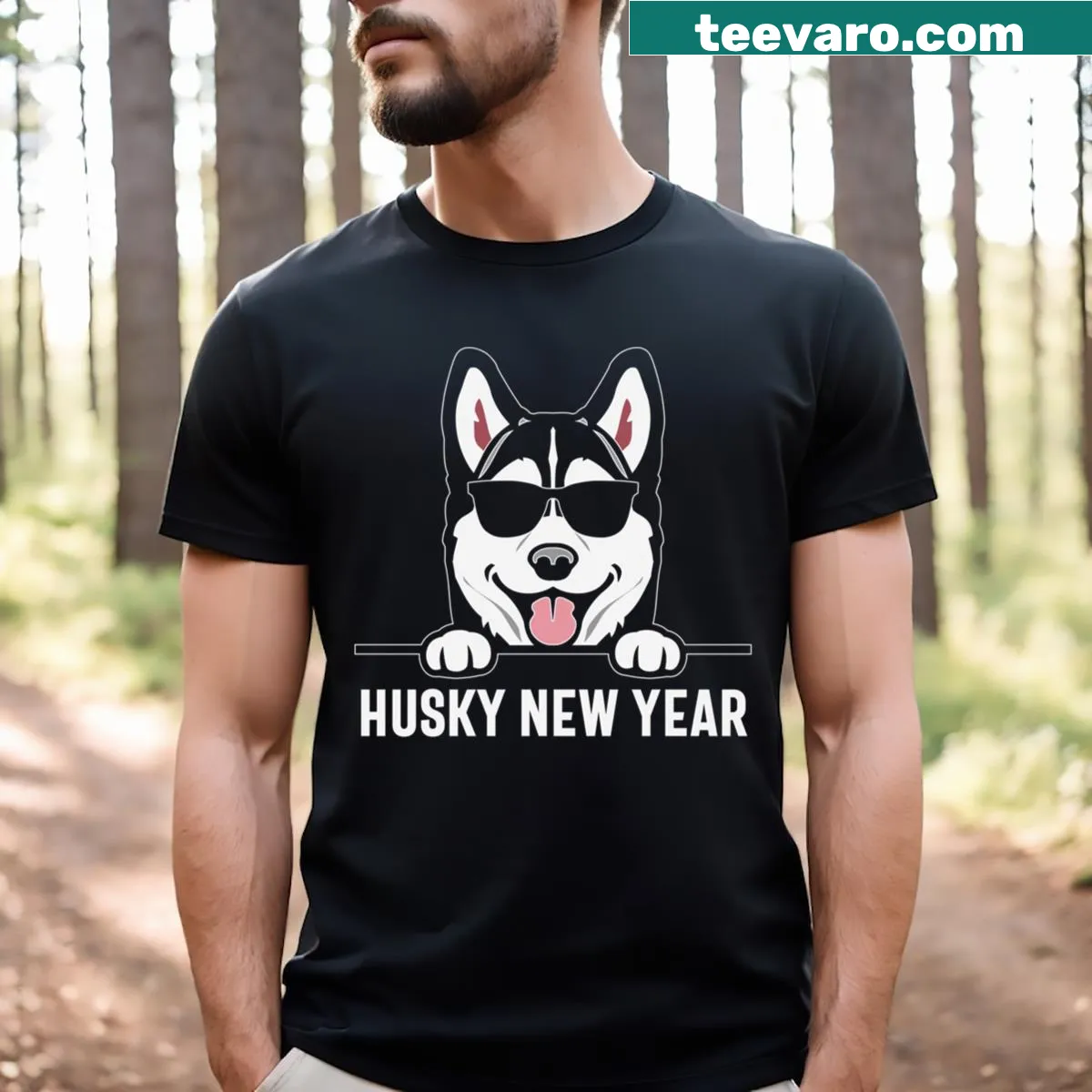 Peeking husky with sunglasses and dog pun graphic for New Year — on a men's t-shirt