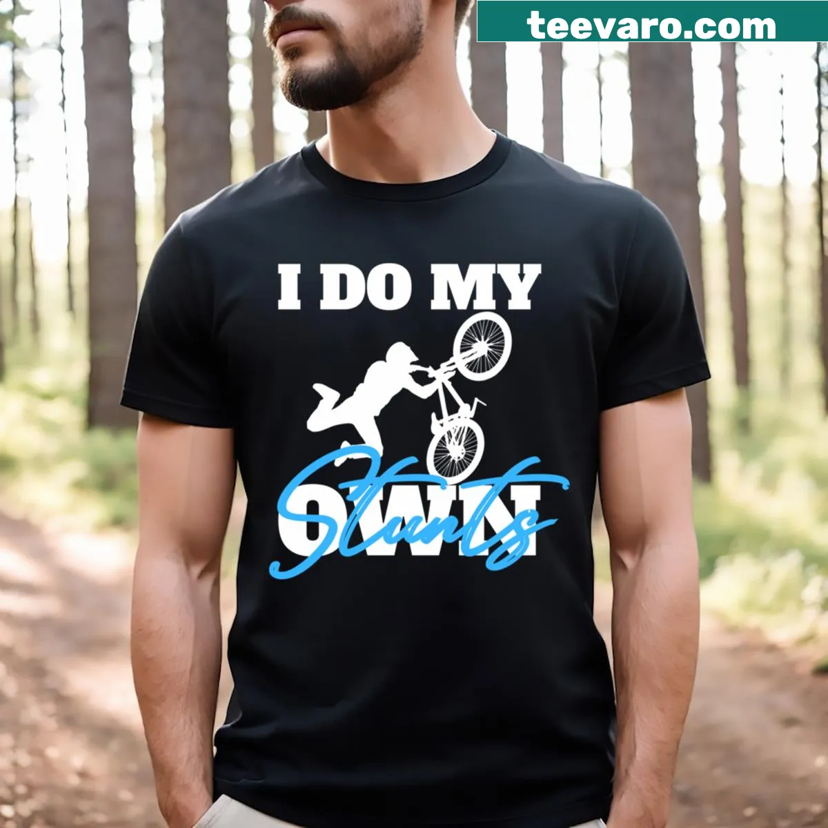 Funny T-shirt that says 'I Do My Own Stunts' for bikers — on a men's t-shirt