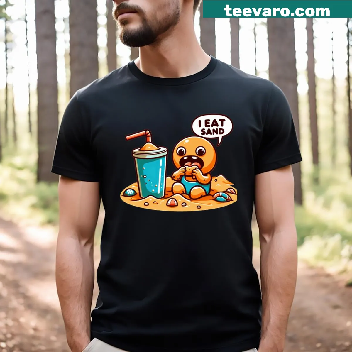Cartoon T-shirt with the phrase 'I Eat Sand' designed for beach humor — on a men's t-shirt